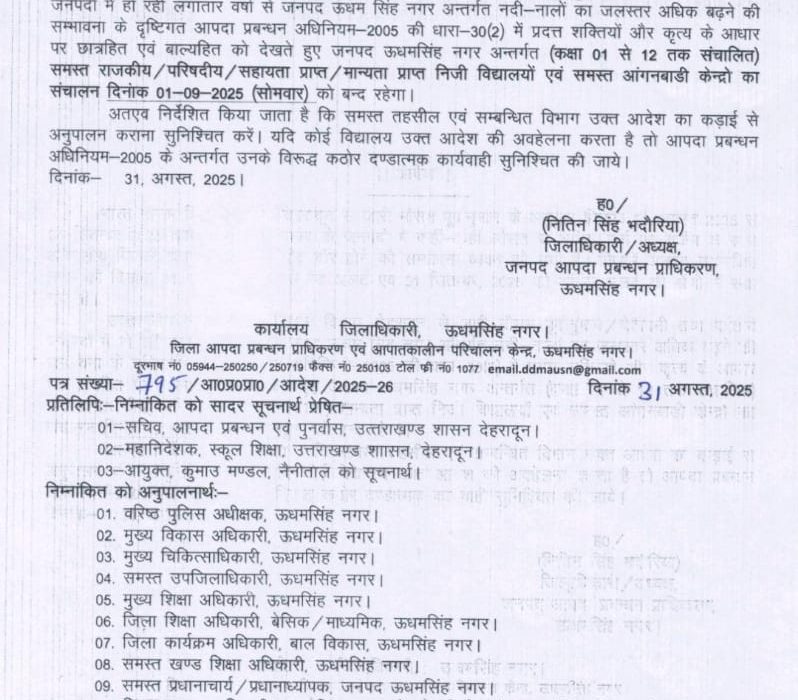 उधम सिंह नगर के समस्त स्कूल सोमवार को बंद रहेगा – आदेश जारी