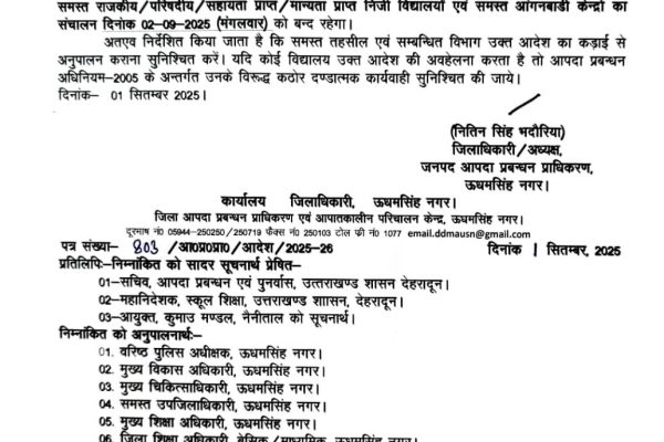 उधम सिंह नगर के समस्त स्कूल मंगलवार को बंद रहेगा – आदेश जारी